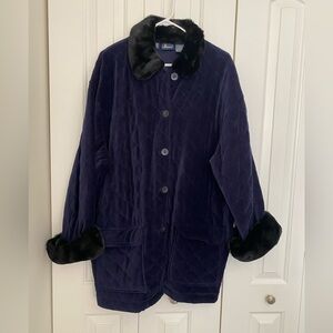 Navy Quilted Coat Jacket with Black Faux Fur Trim